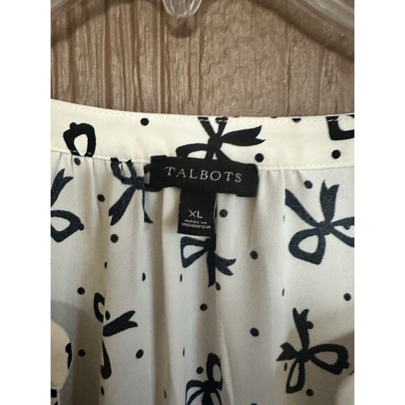 Talbots Ivory Bow Ribbon Print Long Sleeve Elastic Cuff Top Blouse Size XL Work - Picture 3 of 6